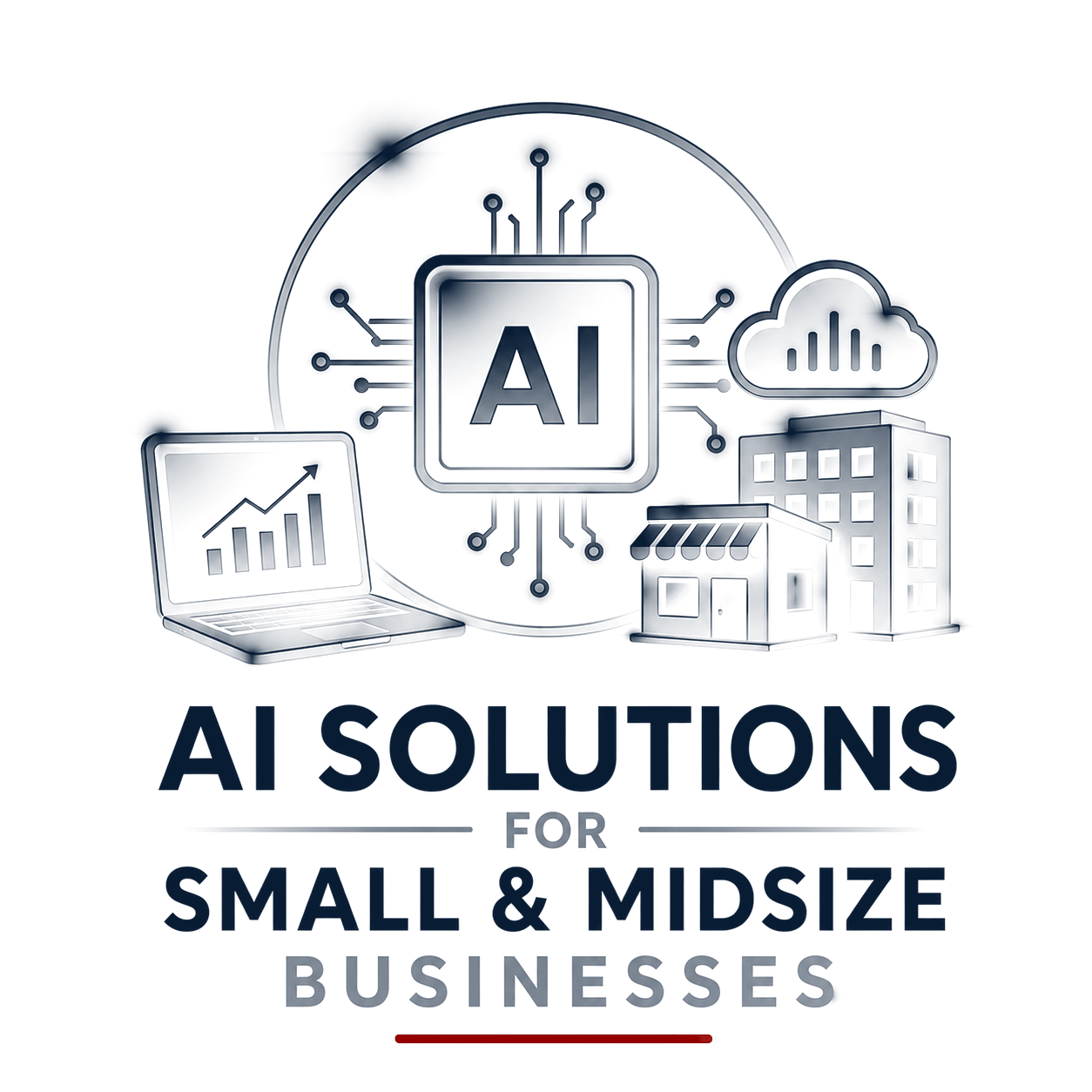 AI chip, cloud, buildings and laptop illustrating AI solutions for small and midsize businesses.