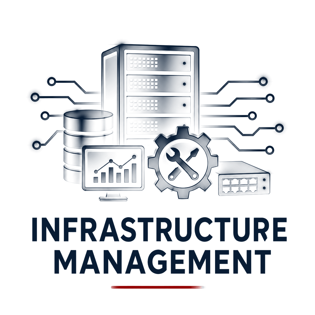 Digital illustration of server racks, database icon, graph on monitor, and a gear with tools symbol, with the words 'Infrastructure Management'.