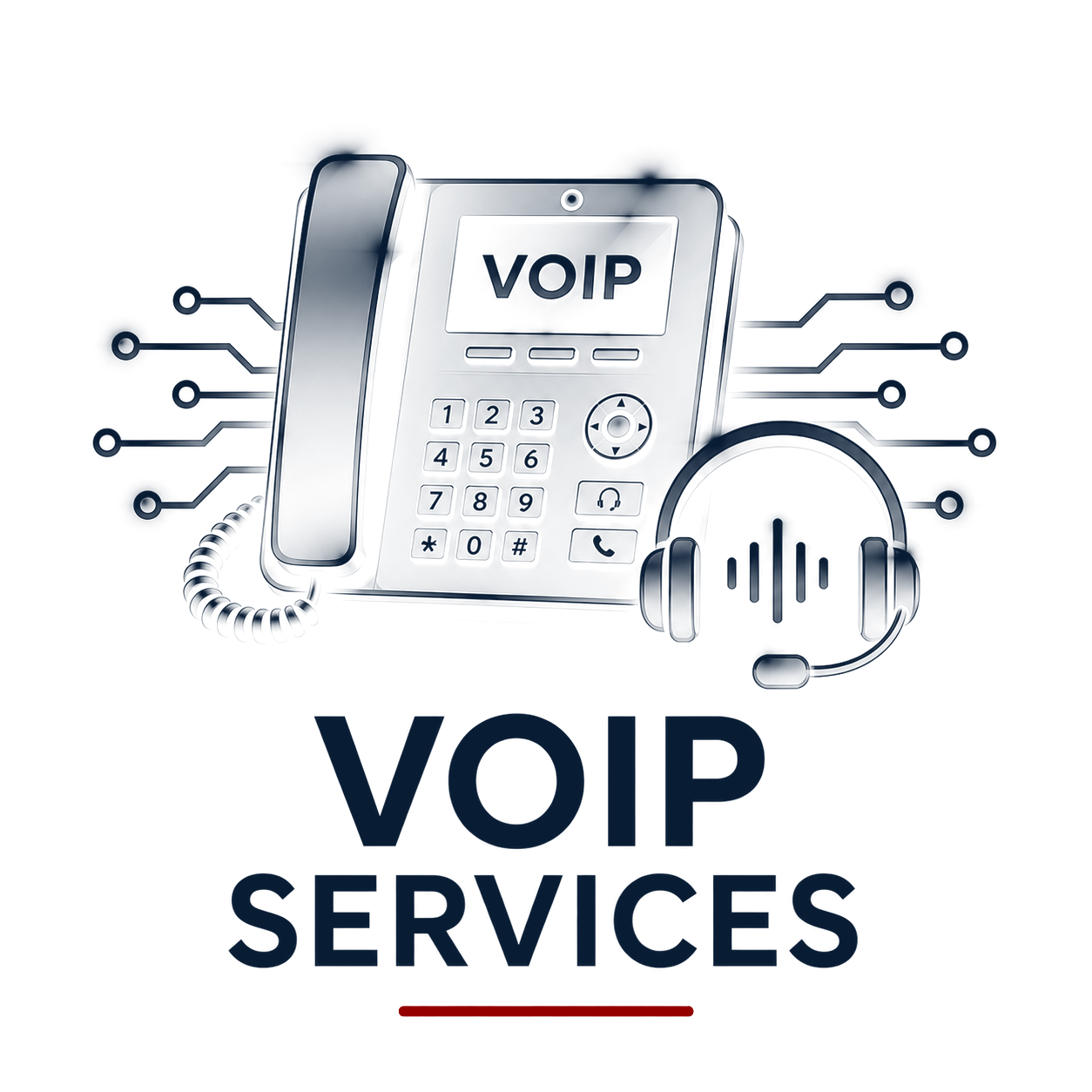 Illustration of a VoIP phone, headset, and digital lines representing VoIP services, with the text "VOIP SERVICES" below.