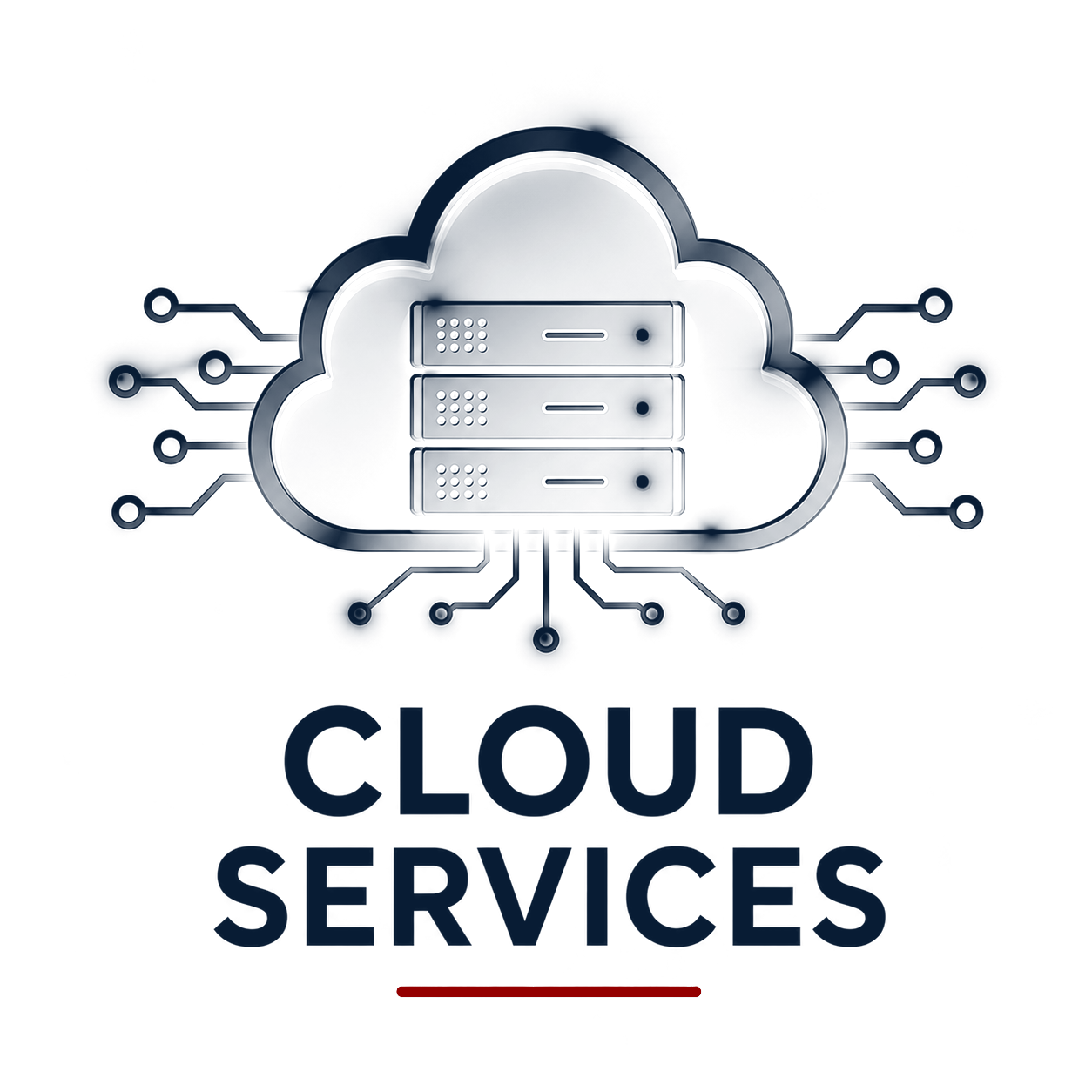 Digital illustration of a cloud with servers inside, surrounded by circuit lines, representing cloud services, on a dark blue background, with the text 'Cloud Services' underneath.