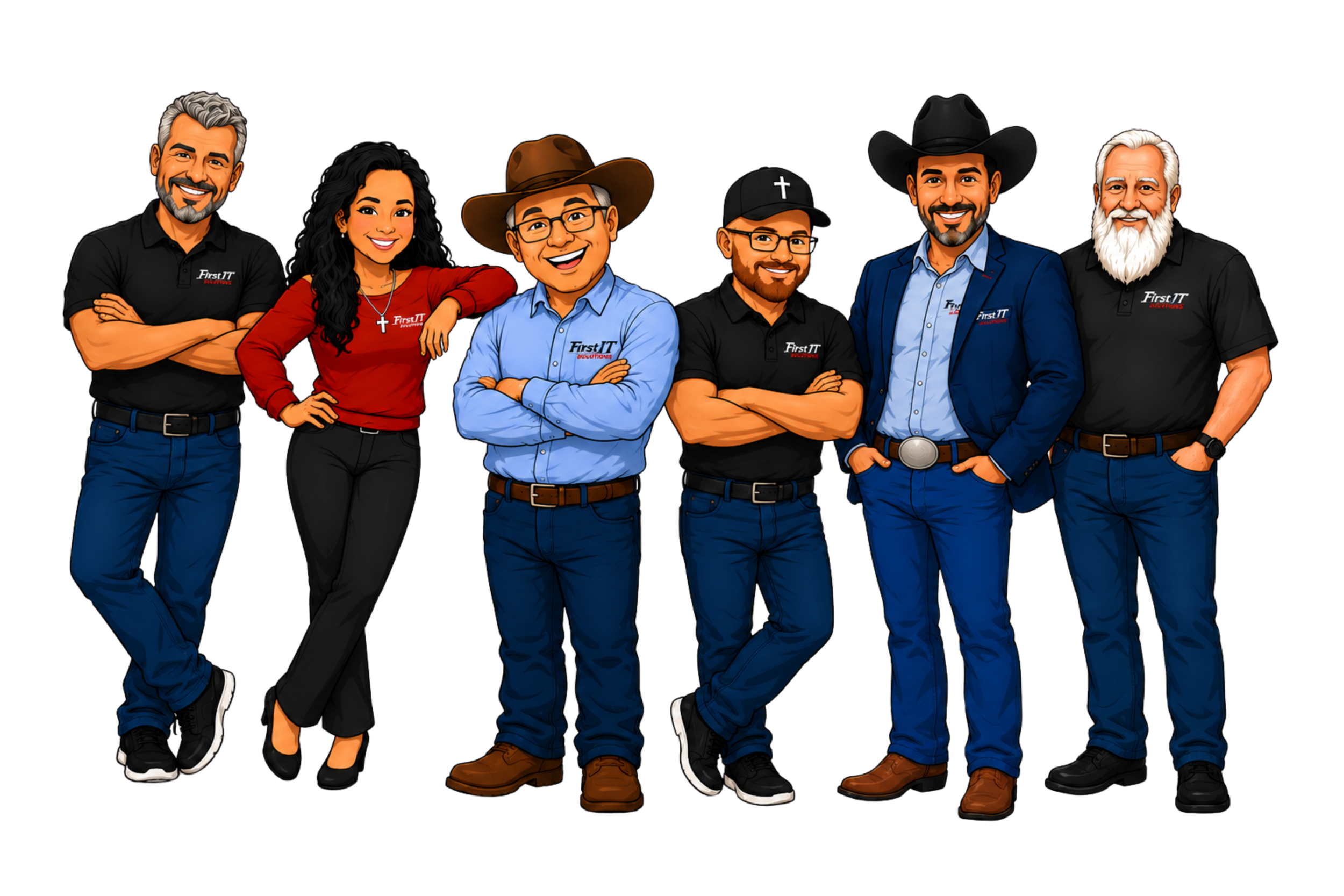 Cartoon illustration of seven diverse people standing together, smiling, with arms crossed or resting on each other, against a black background.
