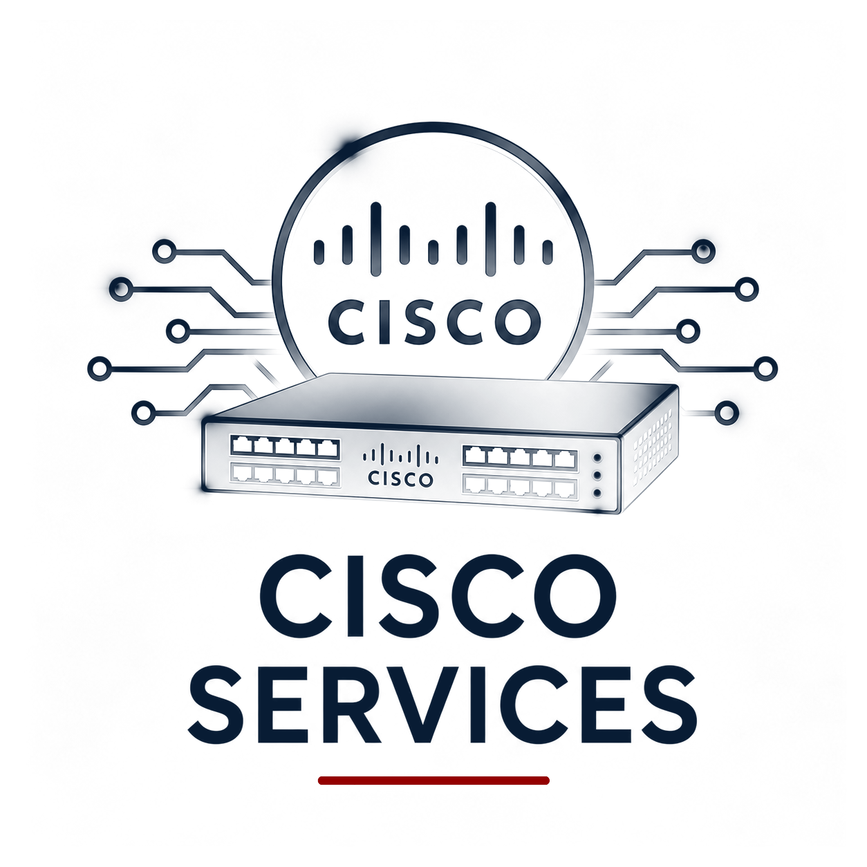 Digital illustration of Cisco networking equipment with a network switch, featuring glowing blue lights, connected to circuit-like lines, with the Cisco logo and the words 'Cisco Services' below.