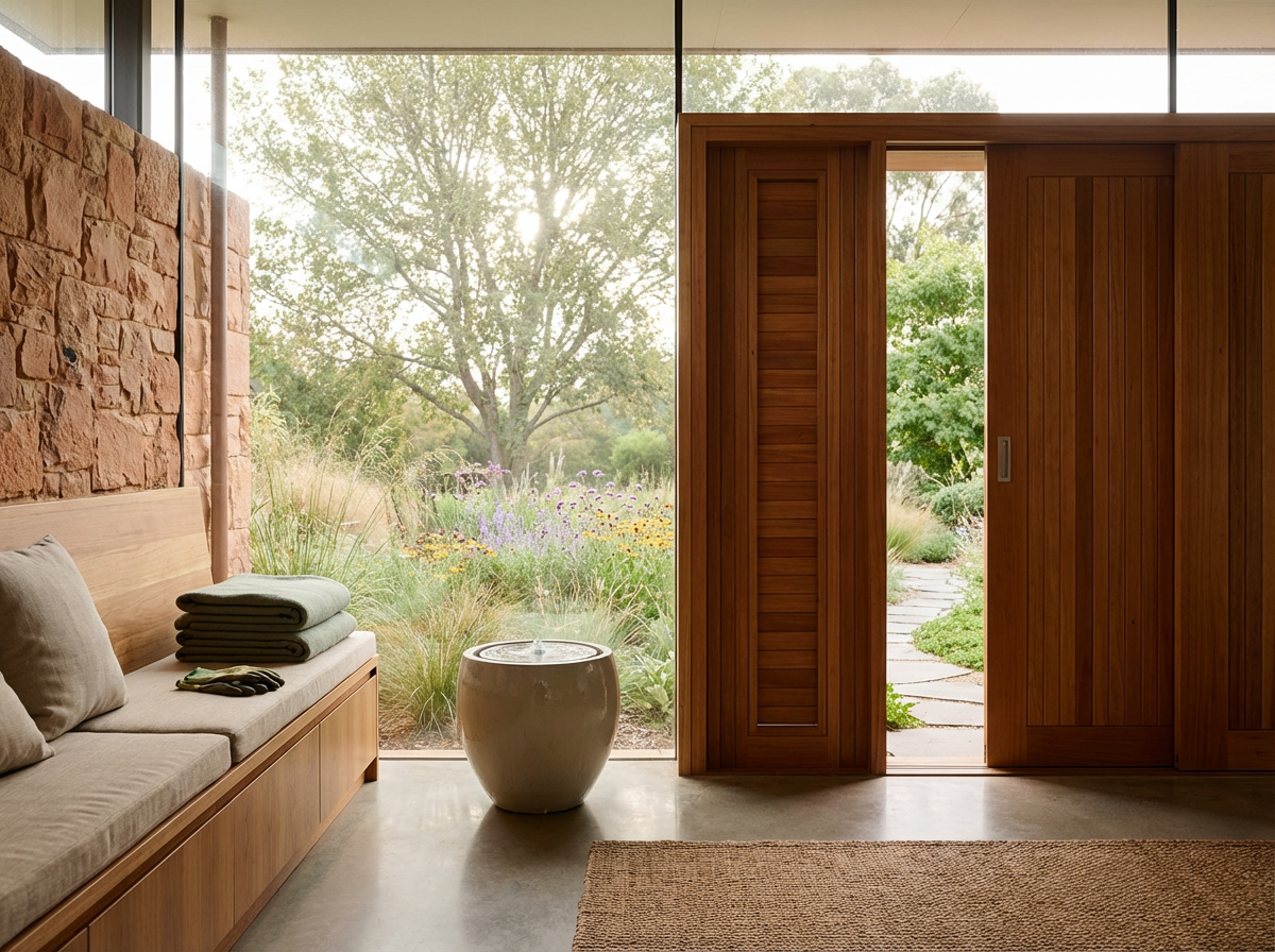 Interior of a modern house with wooden sliding doors opening to a garden with trees and flowers.