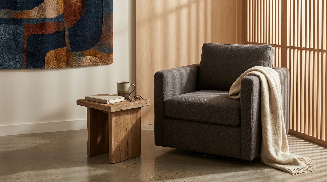 A cozy corner with a dark gray armchair, a beige blanket draped over the arm, a small wooden side table with a mug, books, and eyeglasses, set against a light wood sliding door and a colorful abstract wall hanging.