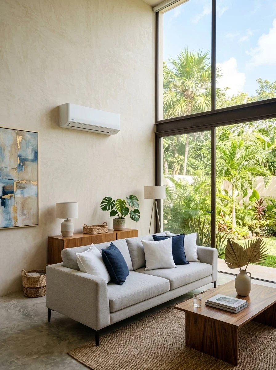 Sala de estar con sofá beige, cojines blancos y azules, mesa de madera con jarrón decorativo, lámparas, cuadro abstracto y vista a un jardín con plantas verdes a través de grandes ventanas.