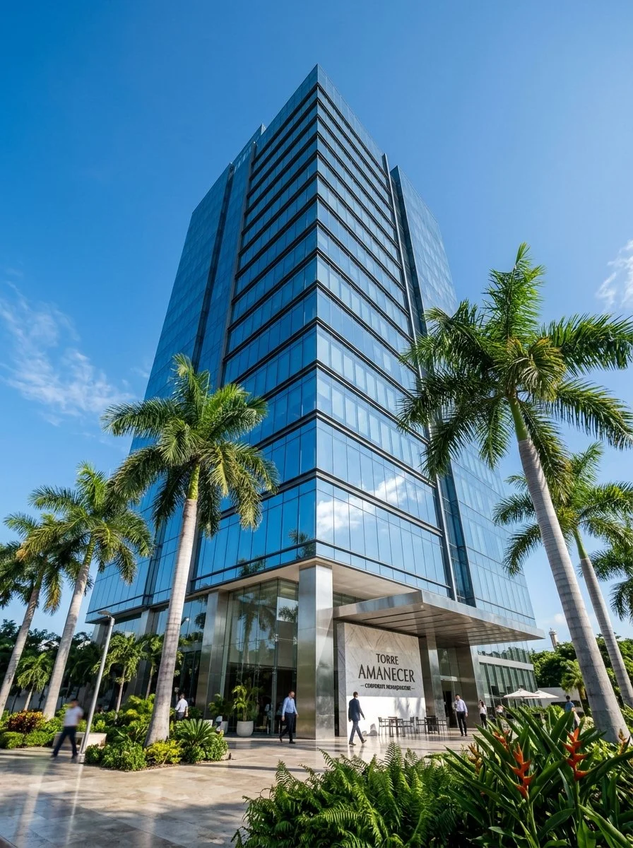Edificio de gran altura de arquitectura moderna con fachada de vidrio y entrada con señal que dice Torre Amanecer, rodeado de palmeras y vegetación, en un día soleado con cielo azul.