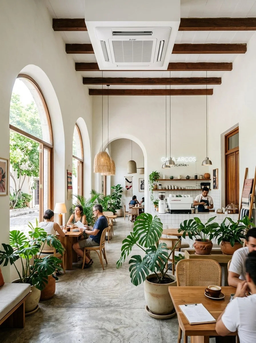 Interior de una cafetería con grandes ventanales, plantas en macetas, mesas de madera, y personas sentadas disfrutando de bebidas y conversaciones.