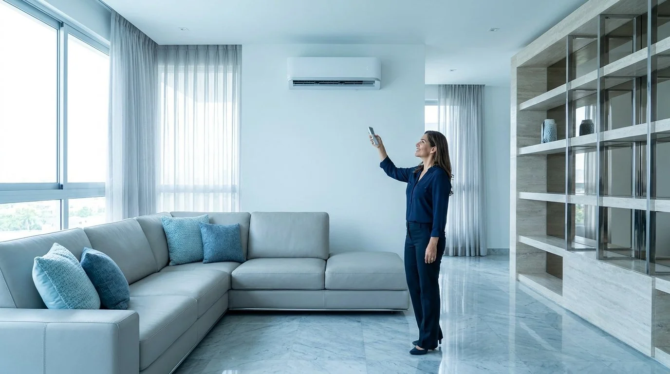 Mujer en un amplio living con sofá de color claro y cojines azules, tomando una selfie con su teléfono móvil.