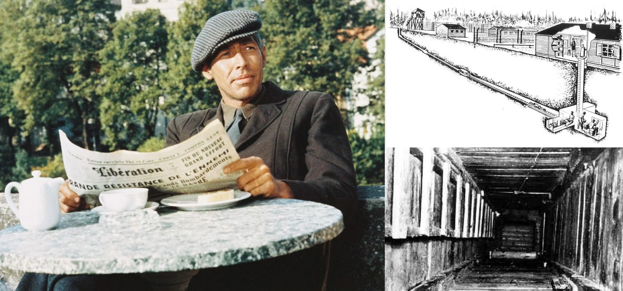 A man dressed as a character from a World War II movie, sitting outdoors at a table with a cup and newspaper, with trees in the background; two sketches of prison or internment camp scenes, including barbed wire fences, guard towers, and interior detention cells.