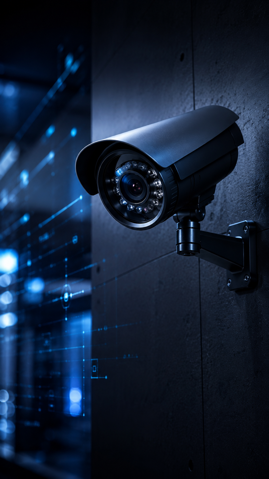Cámara de seguridad negra montada en la pared, con fondo de líneas digitales y datos holográficos en azul.