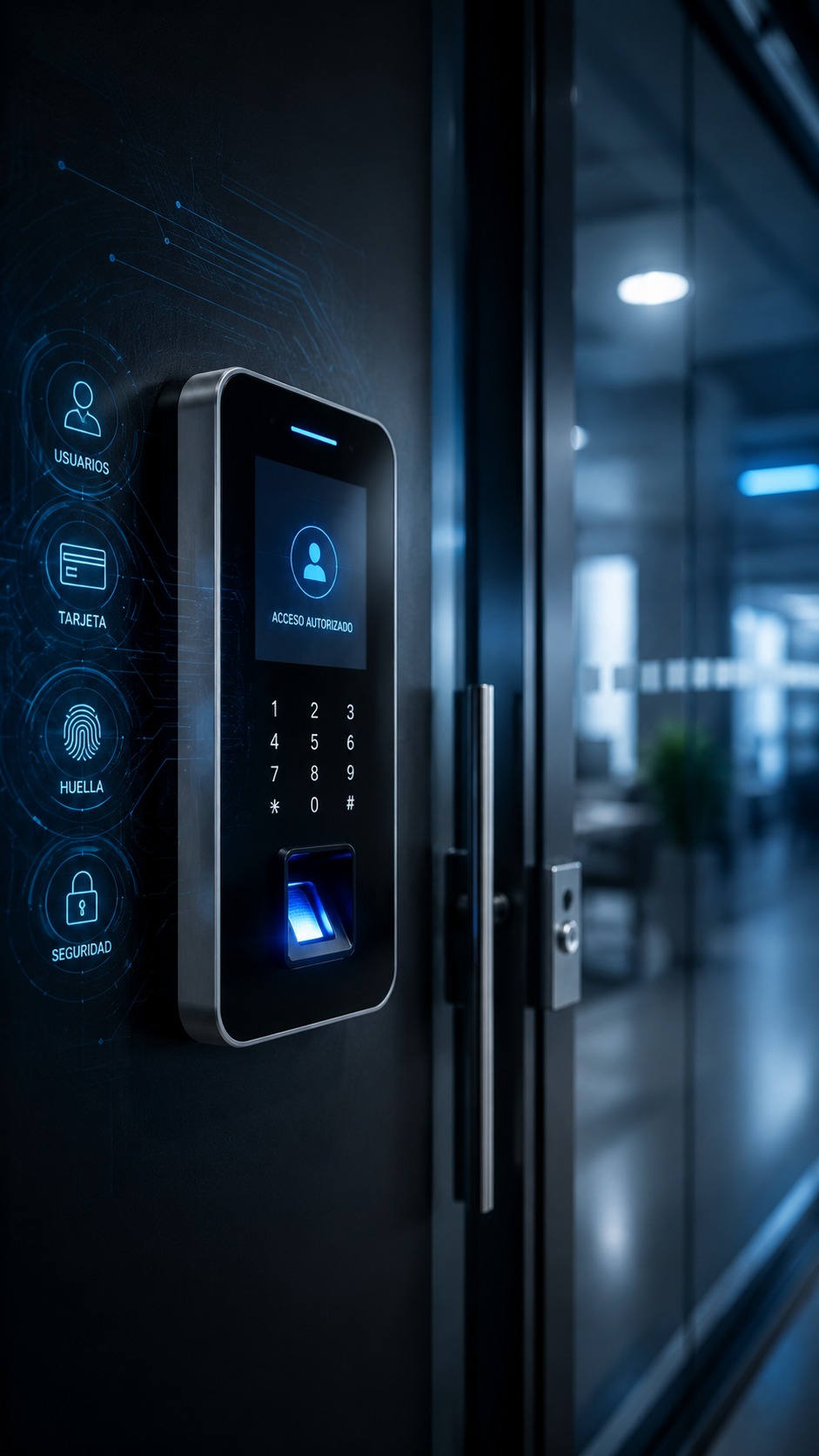 Sistema de control de acceso con teclado numérico, escáner de huellas y receptor de tarjeta en una oficina moderna.