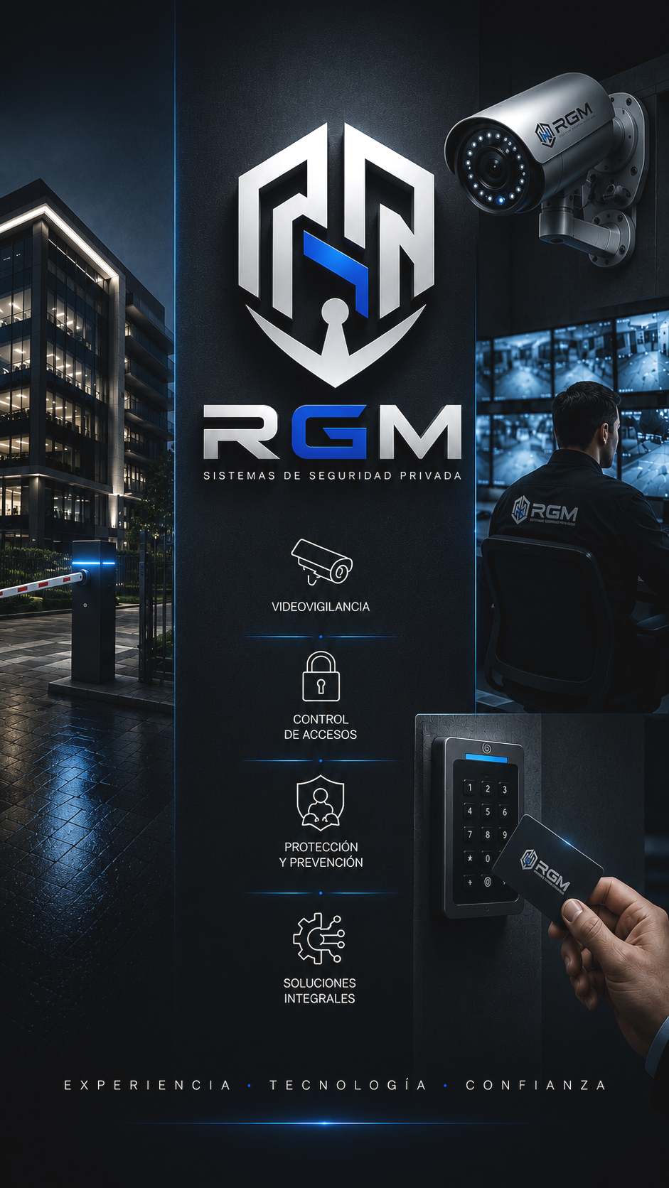 Publicidad de un sistema de seguridad privada RGM que ofrece videovigilancia, control de accesos, protección y prevención, e soluciones integrales, con imágenes de cámaras de seguridad, una entrada con lector de tarjetas y un guardia de seguridad.