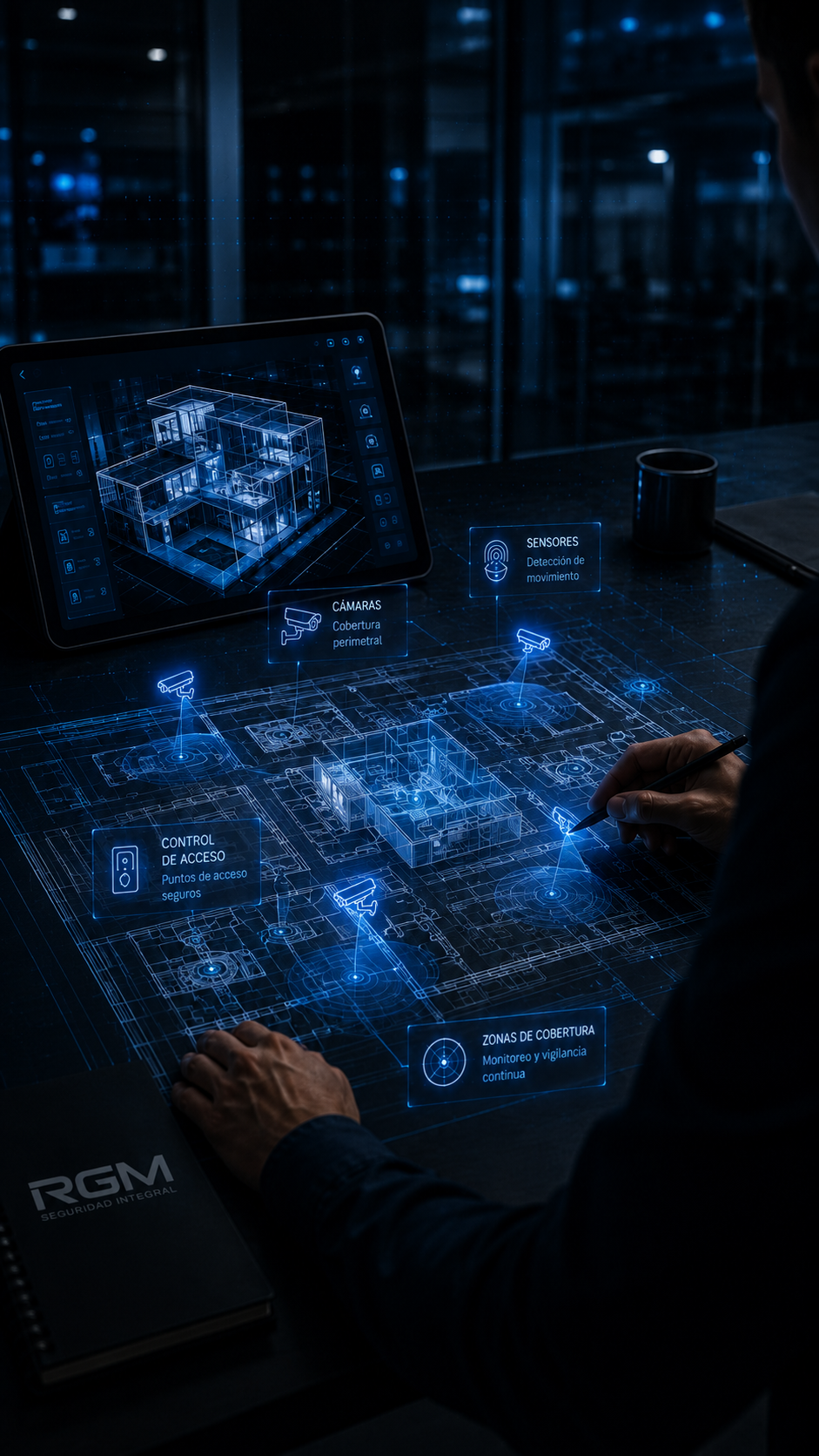 Interfaz digital de un sistema de seguridad en una mesa de trabajo, con diagramas y etiquetas en español que indican cámaras, sensores, control de acceso y zonas de cobertura, en un entorno oscuro y moderno.