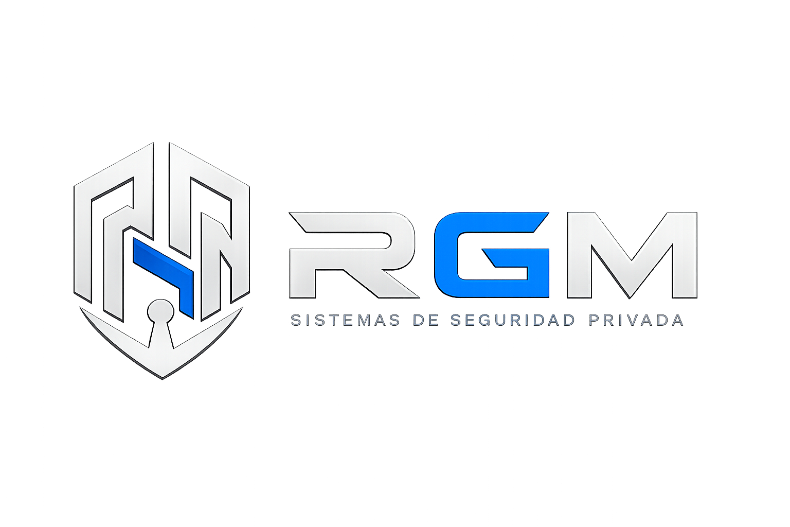 Logotipo del sistema de seguridad privada RGM con letras en blanco y azul, y un escudo con un candado, en fondo negro con efectos de iluminación y reflejos.