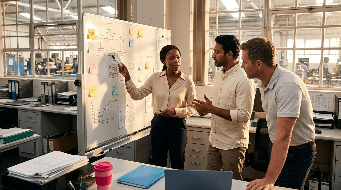 Three people standing in front of a whiteboard discussing work, with charts, notes, and graphs, in an office setting.