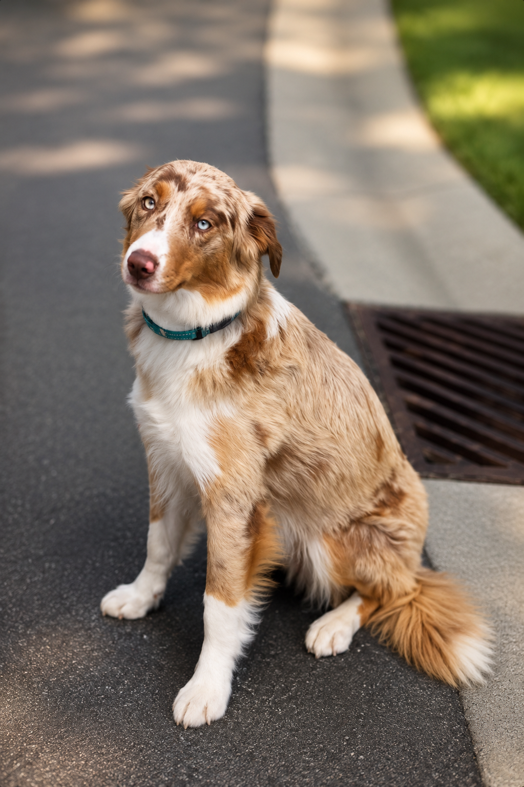 An Australian Shepherd puppy with brown and white fur, sitting on a sidewalk next to a storm drain, looking up at the camera with blue eyes.