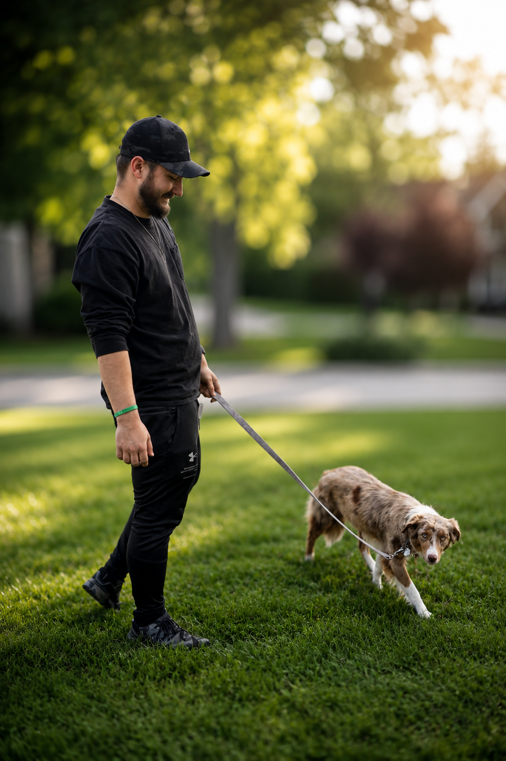 A man in black athletic clothing and a black baseball cap walks a brown and white Australian Shepherd dog on a leash in a grassy park during sunset.