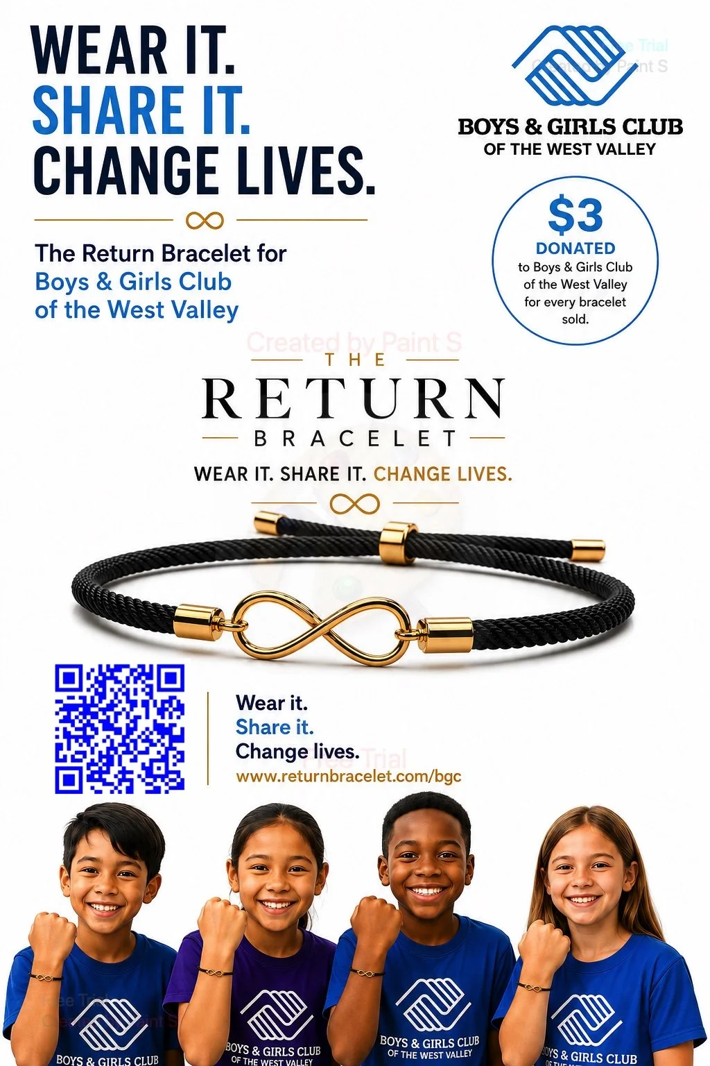 An advertisement for the Return Bracelet for Boys & Girls Club of the West Valley, featuring a black and gold bracelet with an infinity symbol, children wearing matching Boys & Girls Club shirts, and a blue QR code.