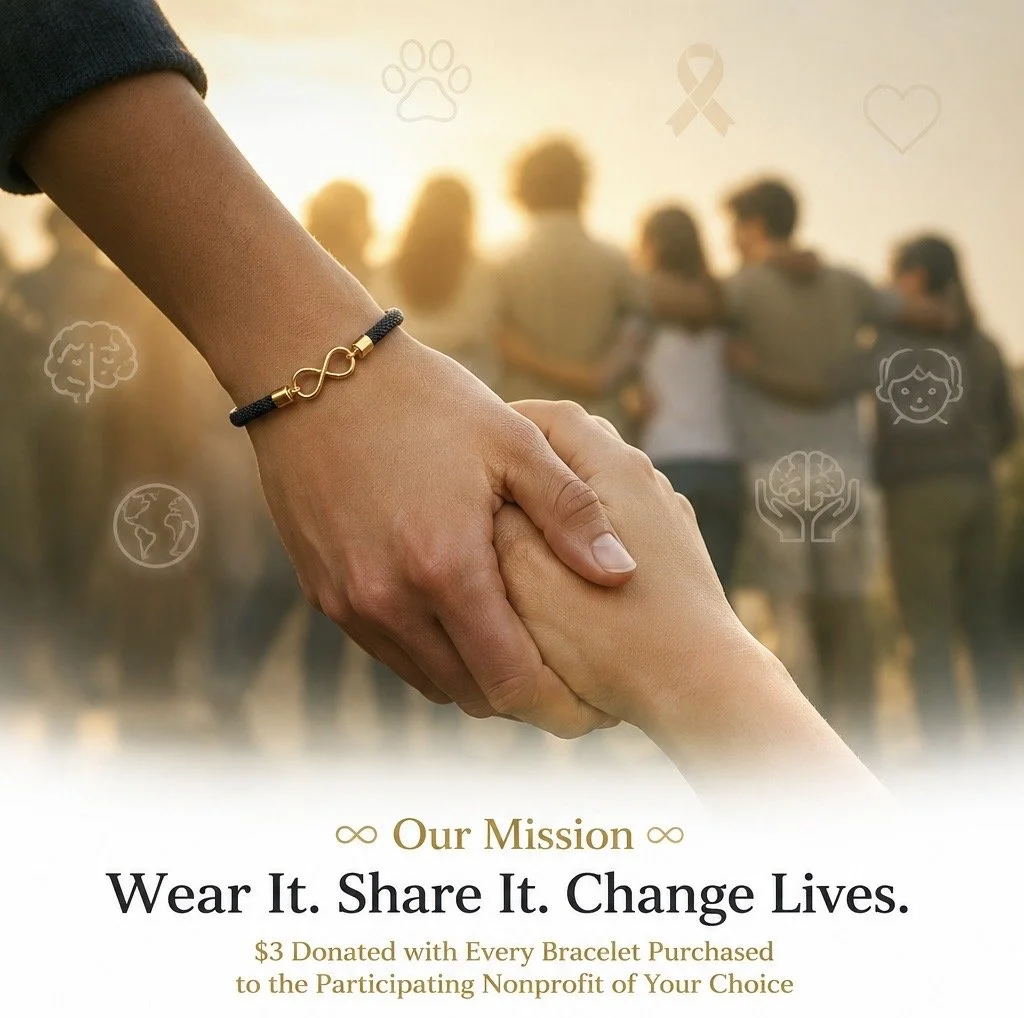 Close-up of two hands clasped together, one wearing a black bracelet with a gold infinity symbol. In the background, a group of people stand together with arms around each other during sunset. Text at the bottom reads "Our Mission" with the mission statement "Wear It. Share It. Change Lives," and explains that $3 from each bracelet sale is donated to a nonprofit.