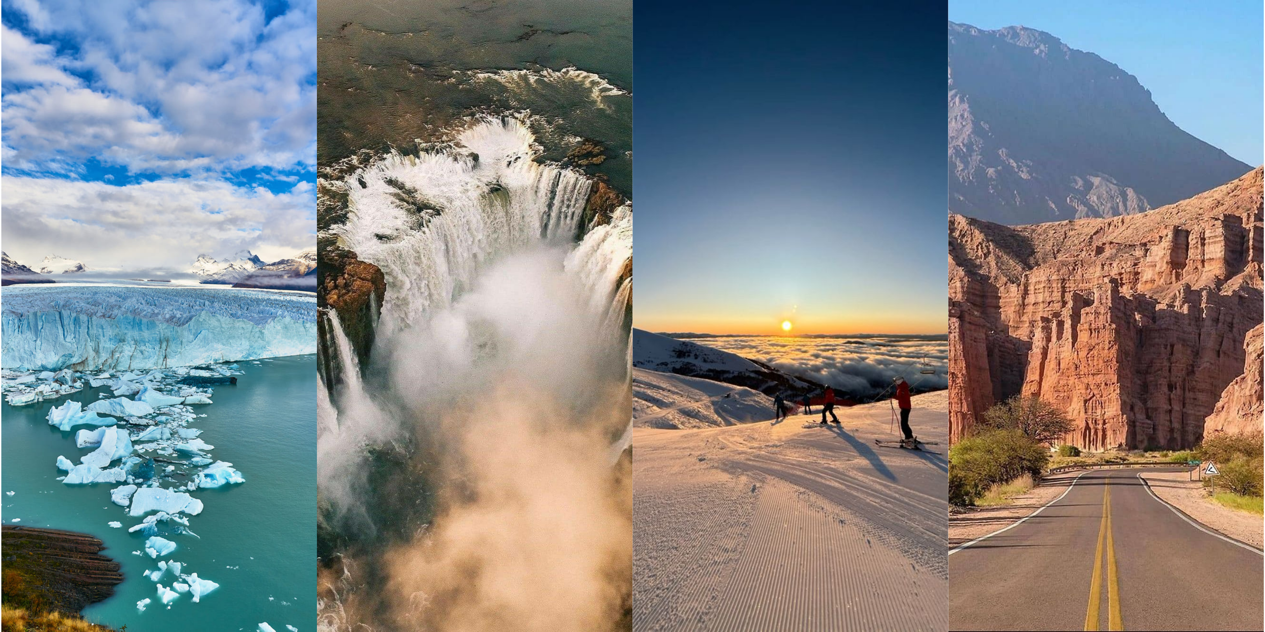Cuatro paisajes naturales diferentes: un glaciar con hielo flotante en el agua, una cascada gigante, una vista al atardecer en la nieve con personas esquiando, y un cañón con caminos asfaltados y montañas.