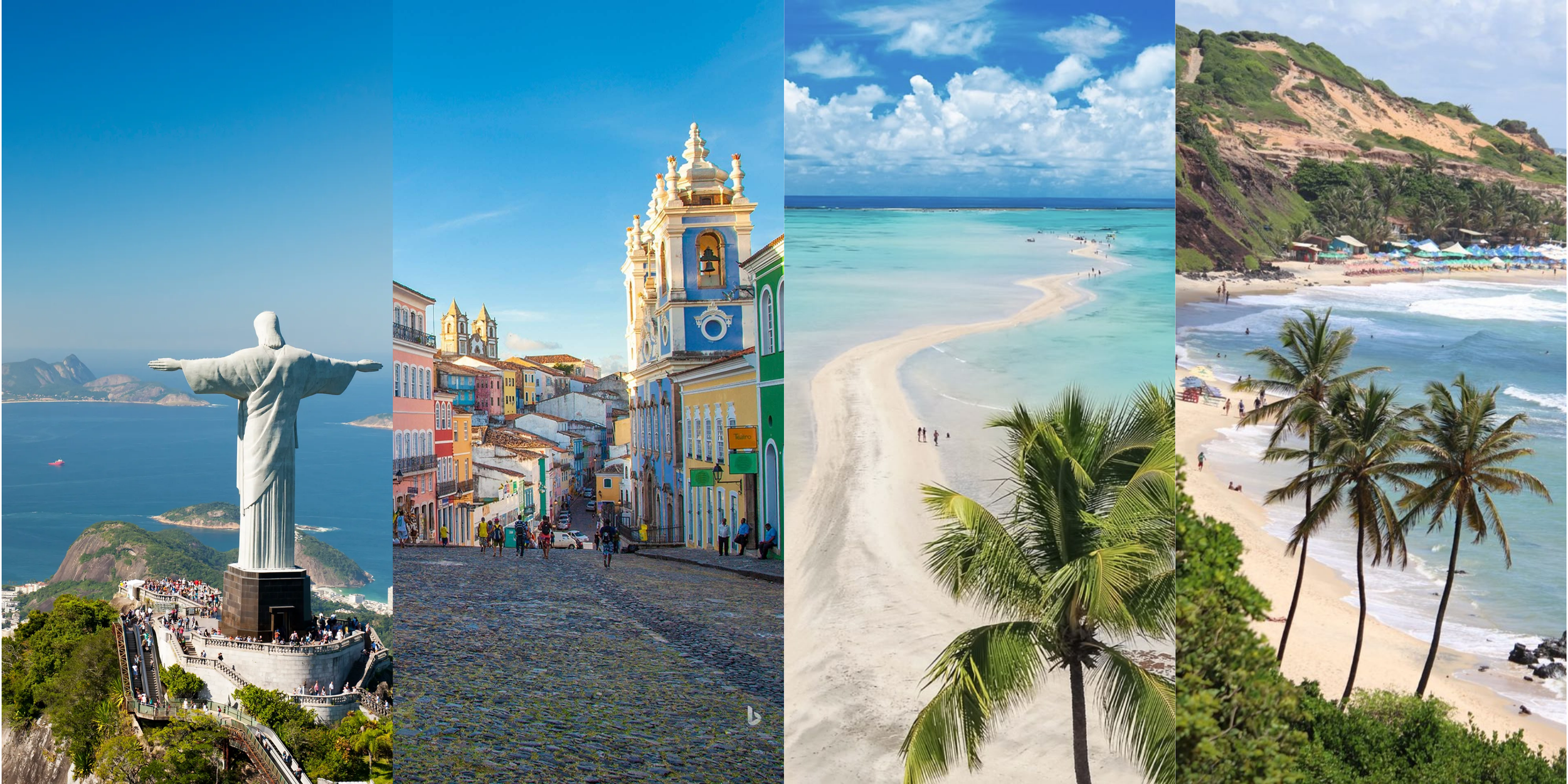 Cuatro diferentes paisajes turísticos de Brasil: la estatua del Cristo Redentor en Río de Janeiro, calles coloridas de Salvador, una playa arenosa con palmeras y un océano azul, y una playa con colinas verdes y sombrillas.