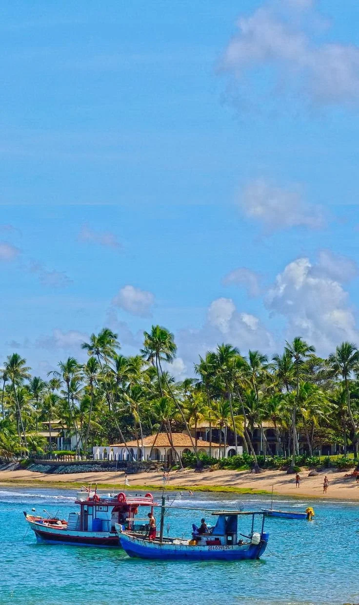 Vista de playa con dos barcos en el agua, palmeras y casas a lo lejos, cielo azul con algunas nubes.
