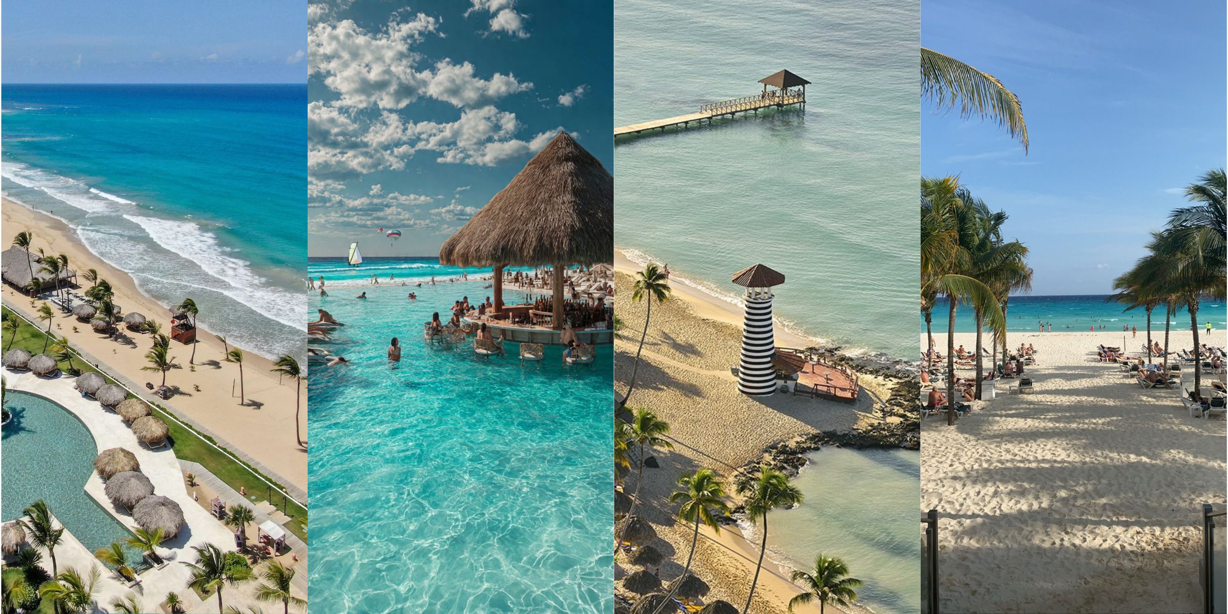 Collage de cuatro imágenes de playas tropicales con arena blanca, palmeras, agua azul y actividades turísticas.