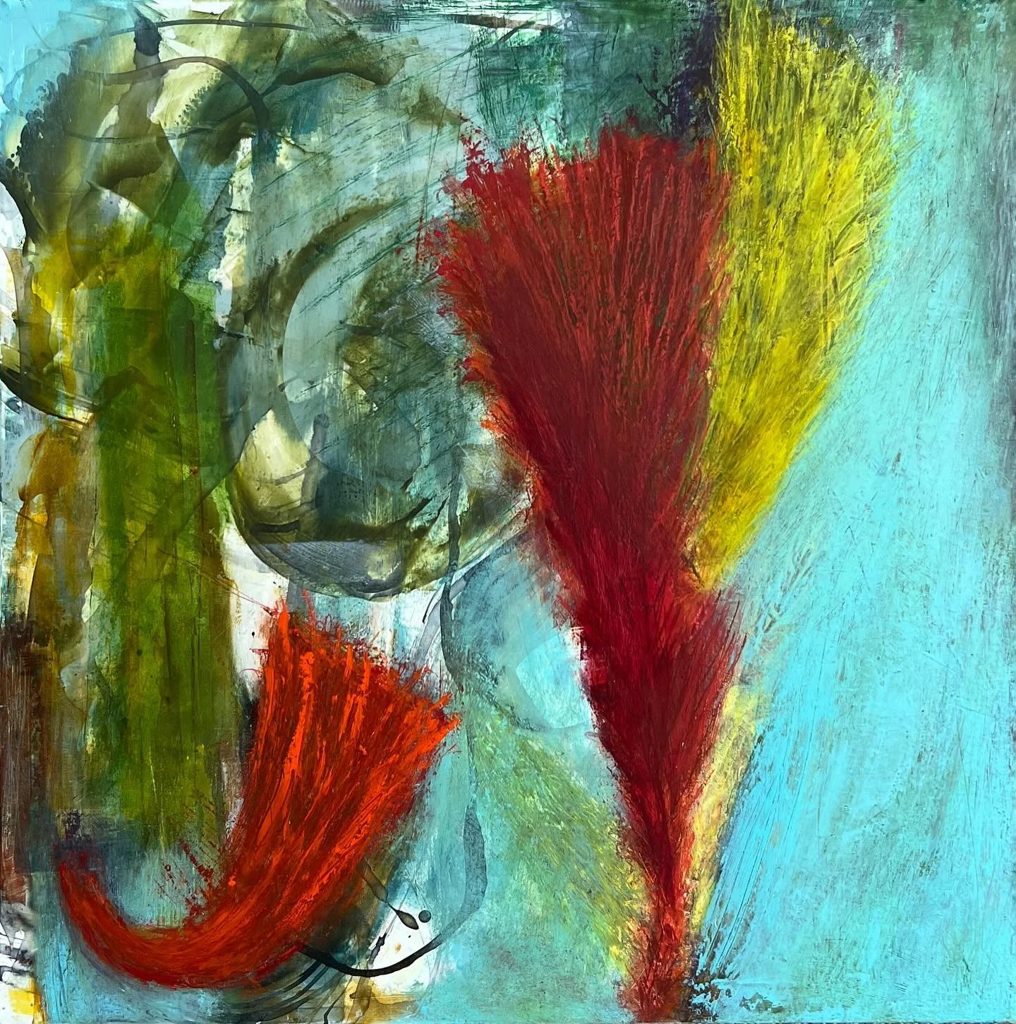 Growth in the Shadow of Fire
18 &times; 18 in &middot; oil and cold wax on panel

Flickers of renewal emerge through layered disruption.
A memory of landscape - not as it was, but as it&rsquo;s becoming. Built layer by layer - opacity, transparency, 