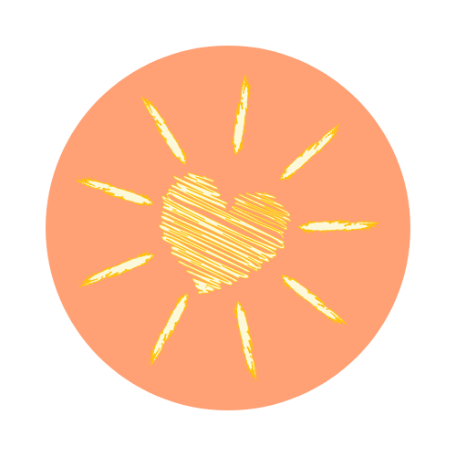 Peach heart and yellow sunshine icon representing a warm oasis of joy that supports employee mental health and workplace community well-being.