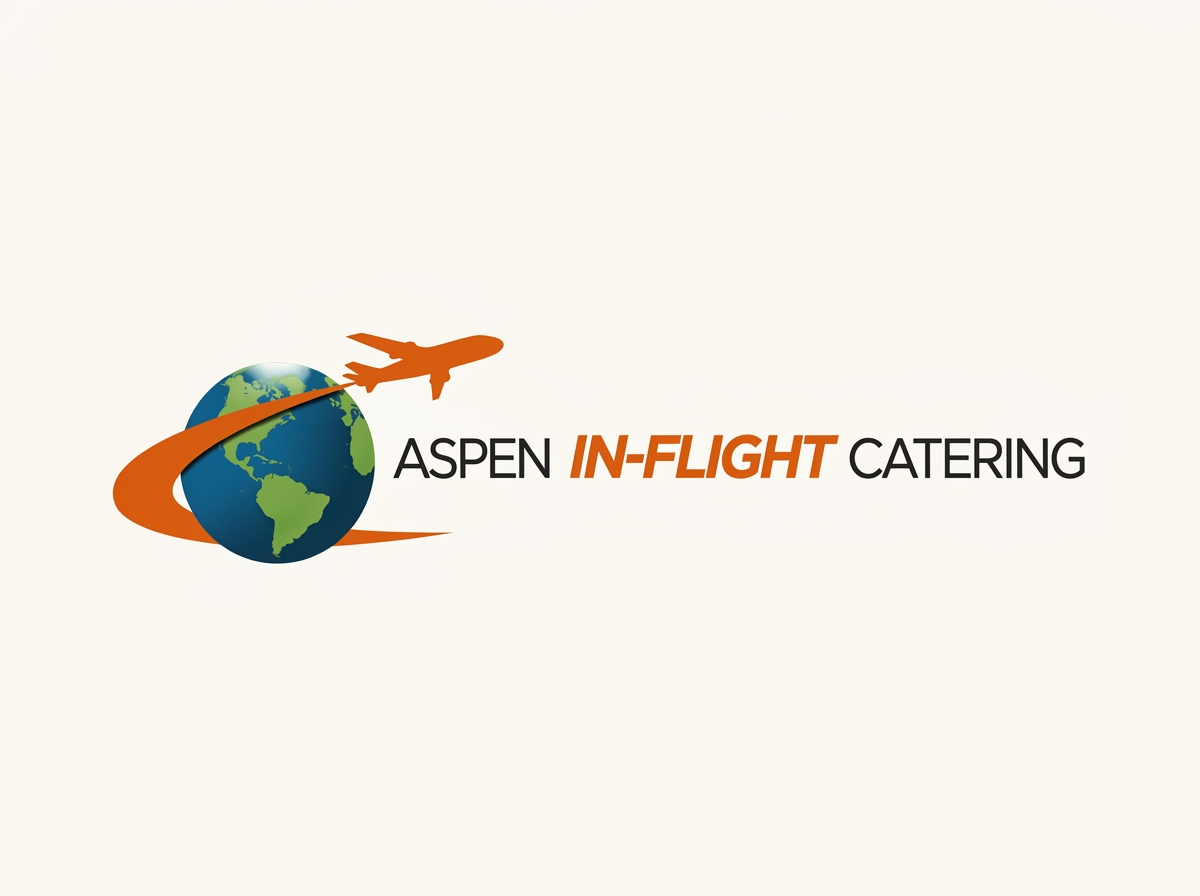 Logo for Aspen In-Flight Catering featuring a globe with the Americas visible, an orange airplane taking off around the globe, and the text 'Aspen In-Flight Catering' with 'In-Flight' highlighted in orange.