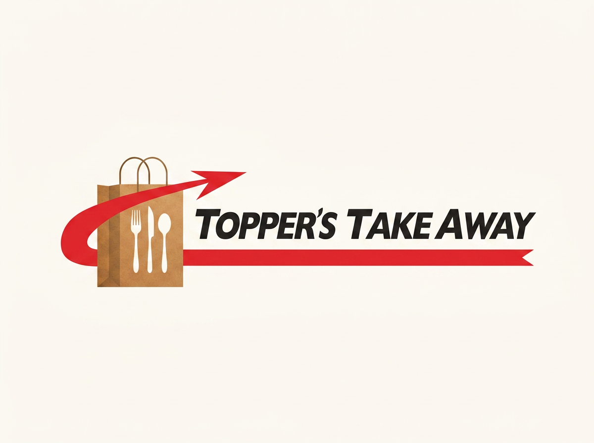 Logo for Topper's Take Away featuring a paper food bag with a fork and spoon, and a red arrow surrounding the bag, with the business name in bold black text.