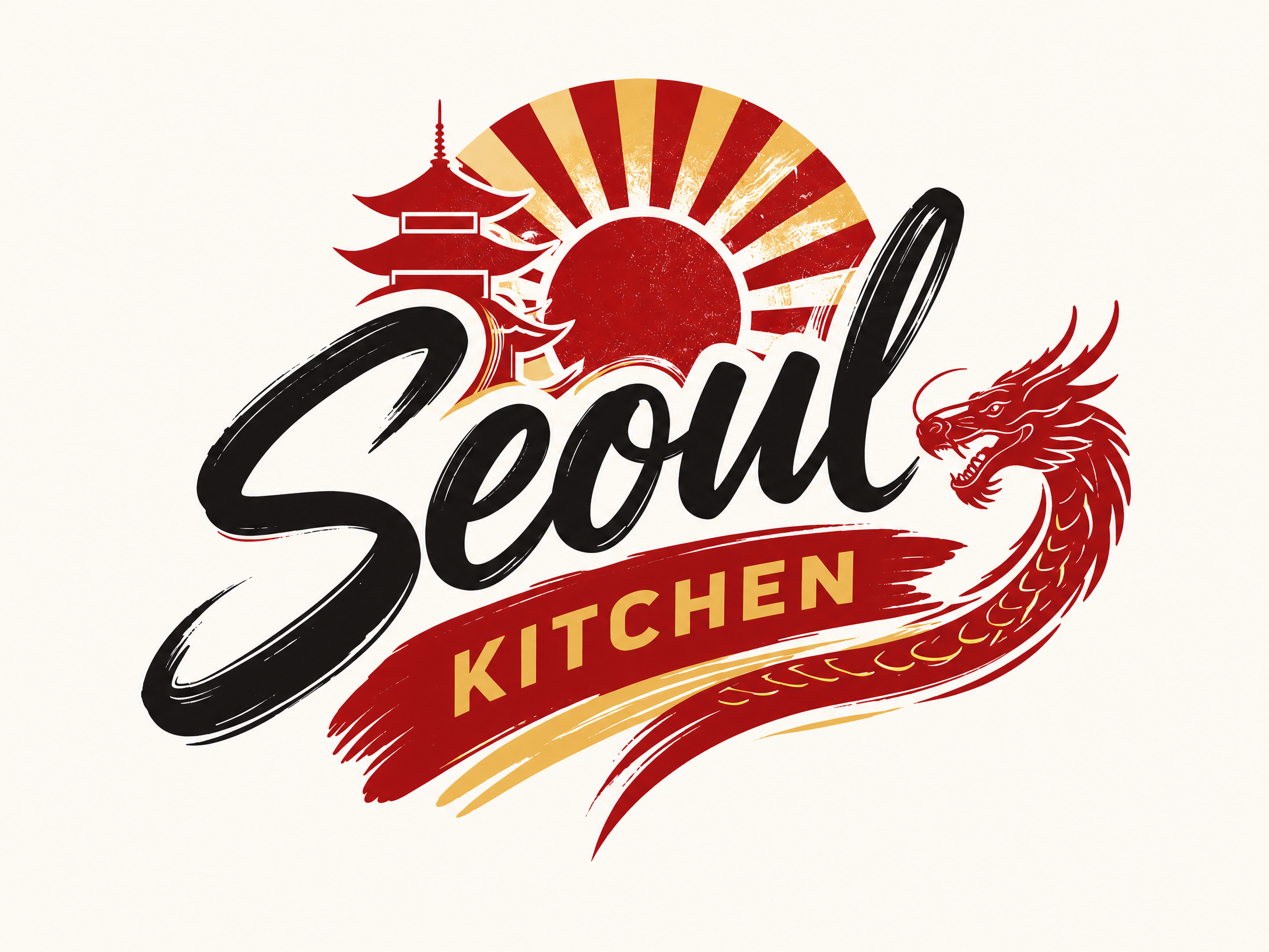 Stylized logo featuring a red pagoda, a rising sun with red and beige rays, a black brushstroke, and a red dragon head. The text includes partial words 'Sok' and 'K.'