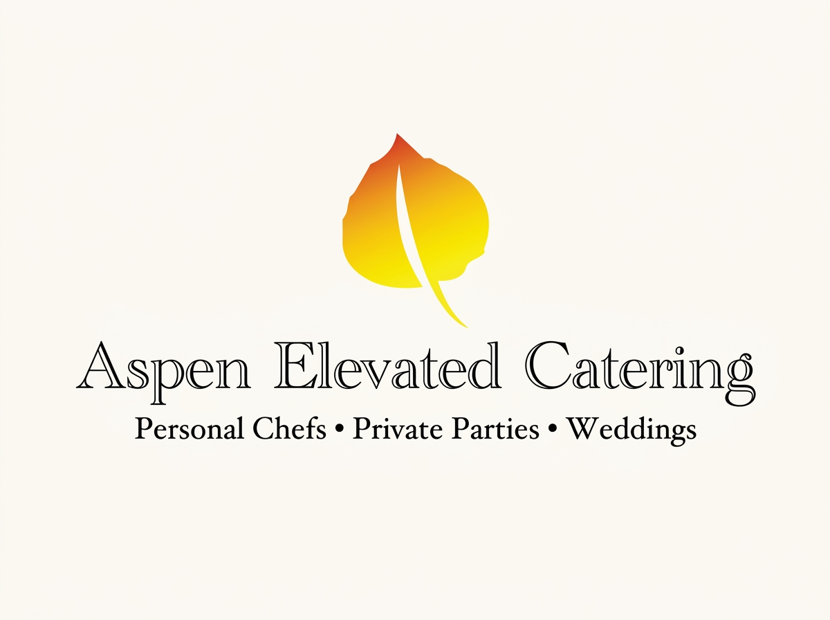 Logo for Aspen Elevated Catering featuring a stylized leaf with yellow and orange hues and the text highlighting personal chefs, private parties, and weddings.