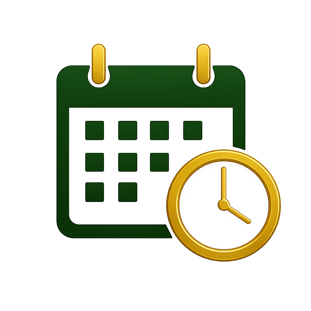 A green and gold calendar with a clock in front of it.