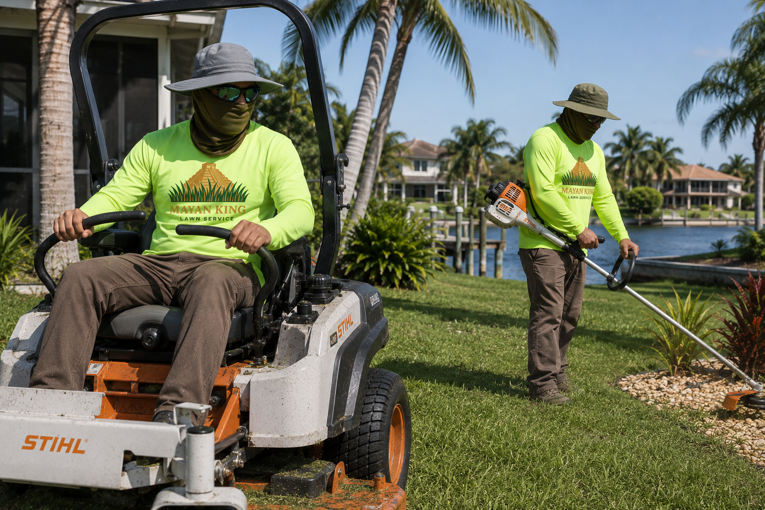 Two lawn care workers wearing bright yellow shirts with a Mayan pyramid logo, working on a landscaped yard near a waterway, with palm trees and houses in the background. One is on ride-on equipment, and the other is using a weed trimmer.