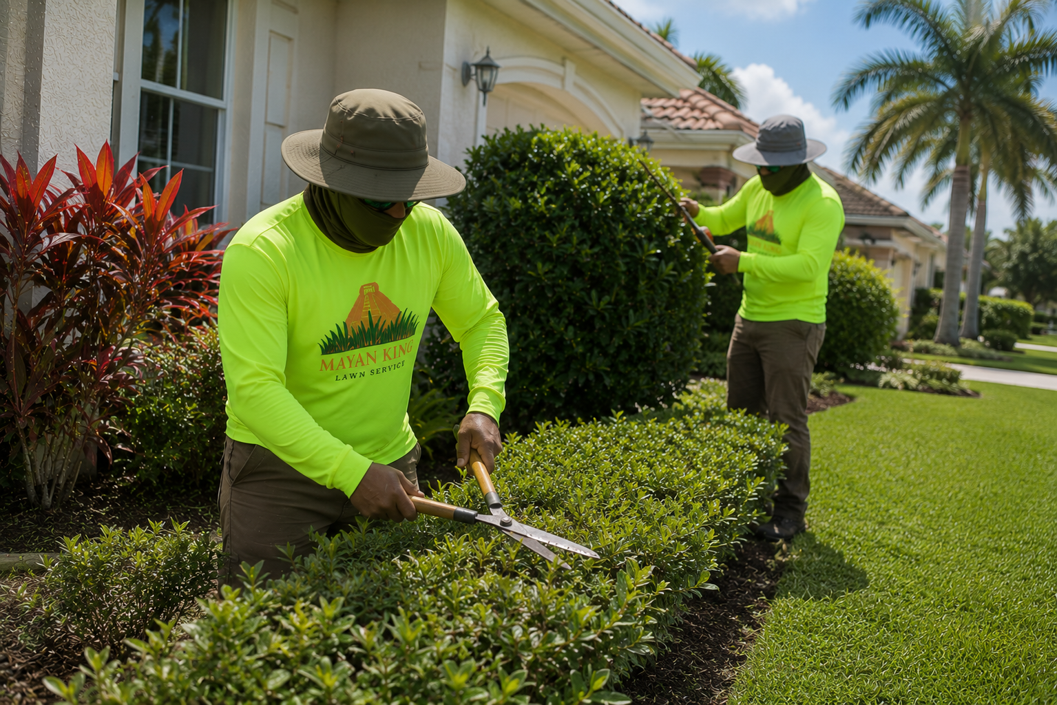 Two men wearing bright yellow long-sleeve shirts, wide-brim hats, and face coverings trimming bushes in a residential yard.