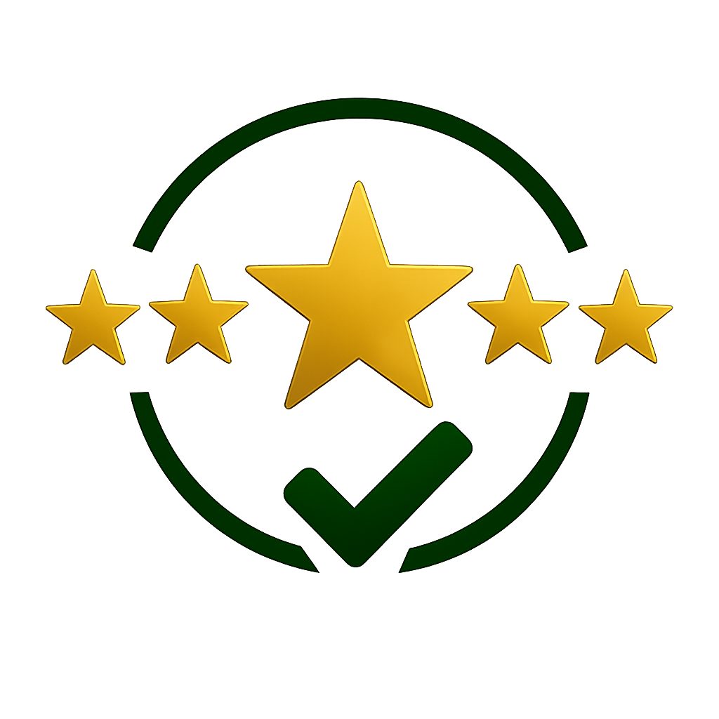 An illustration of one large gold star surrounded by four smaller gold stars, with a green check mark underneath, all enclosed within a blue circle.