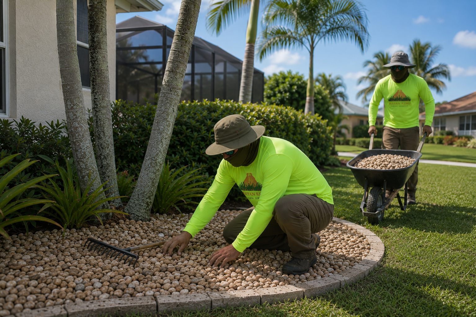 Two workers gardening in a lawn, with one kneeling and placing rocks around plants, while the other pushes a wheelbarrow filled with rocks.