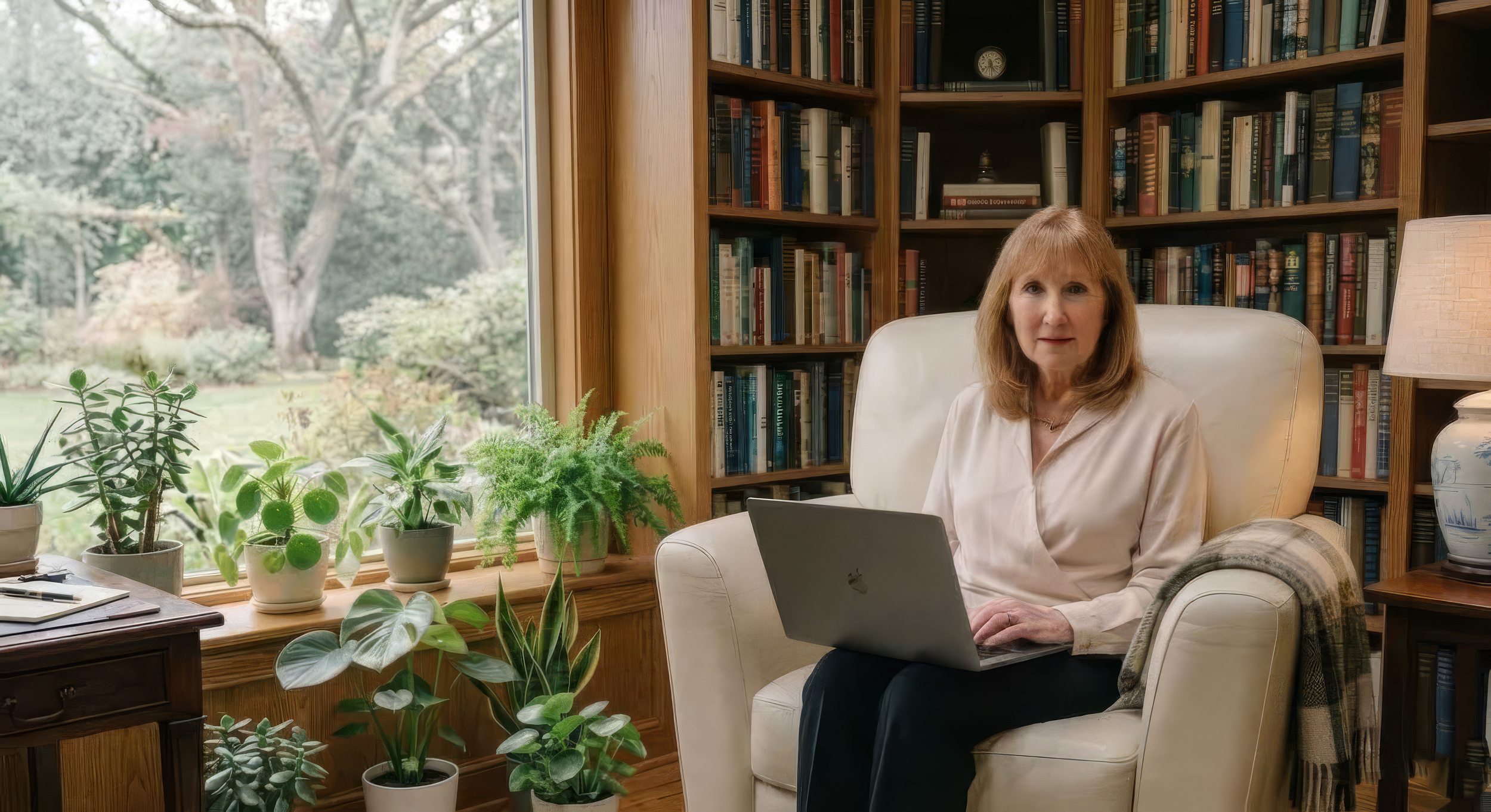 A woman with red hair sits in a light-colored armchair in a cozy library, holding a laptop. There are dozens of books on wooden shelves behind her, a large window with a view of a garden with trees, and several potted plants on the windowsill and nearby furniture.