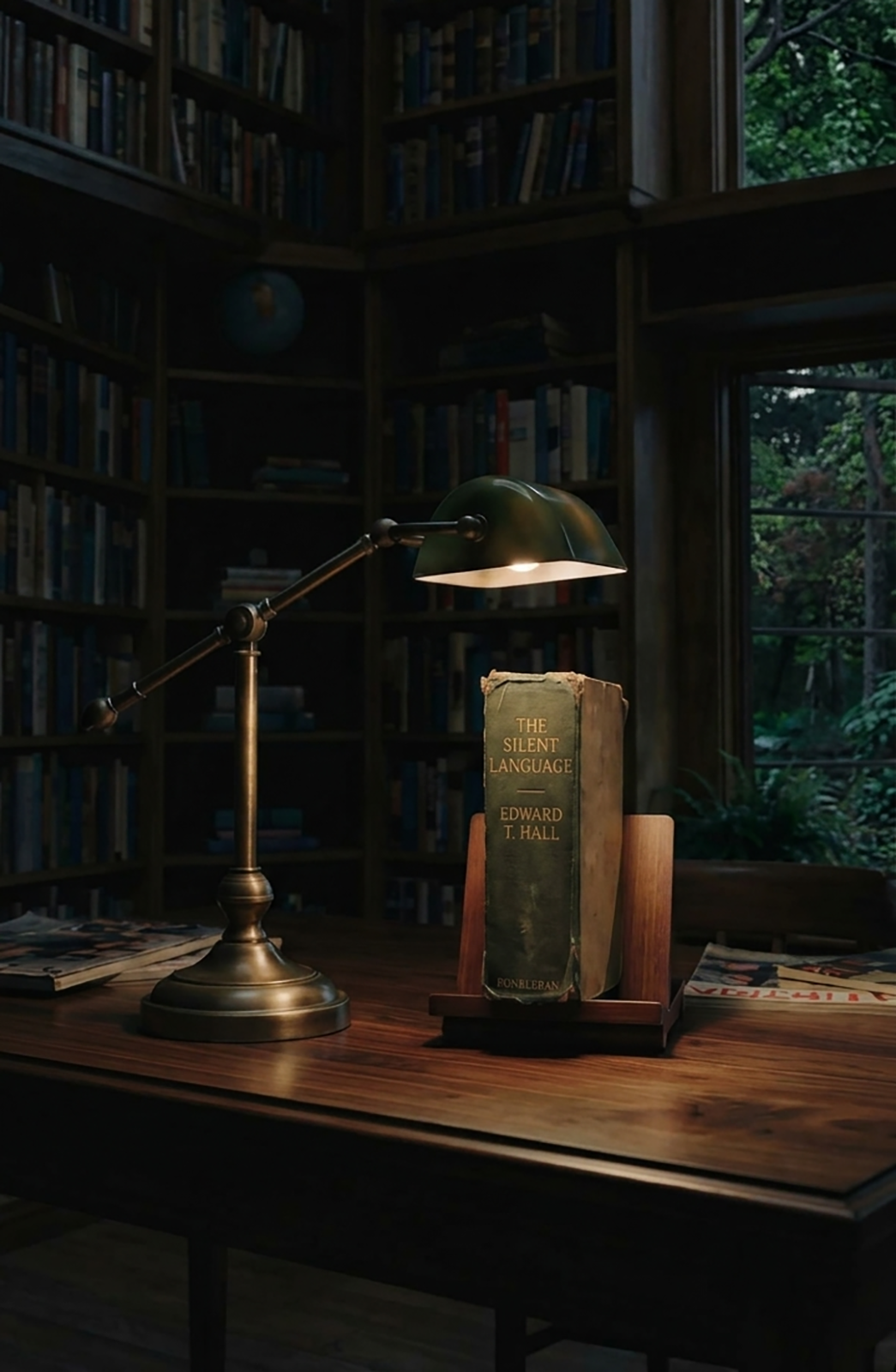 Book on table under desk lamp