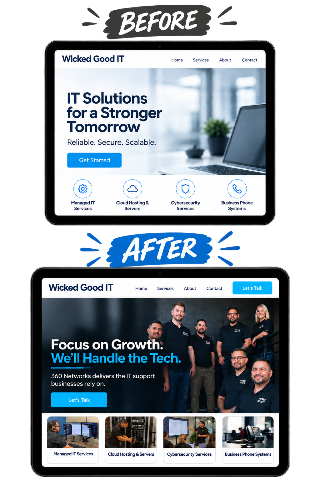 Wicked Good IT website before and after, with stock photos replaced by real team photos and video