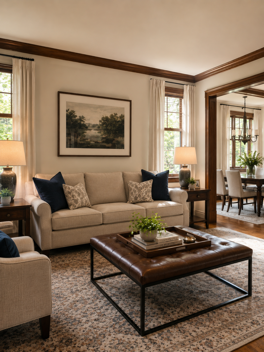 Living room with cream sofa, patterned and navy pillows, coffee table with potted plant and books, lamps, framed landscape painting, and a dining area with chandelier and flowers in the background.