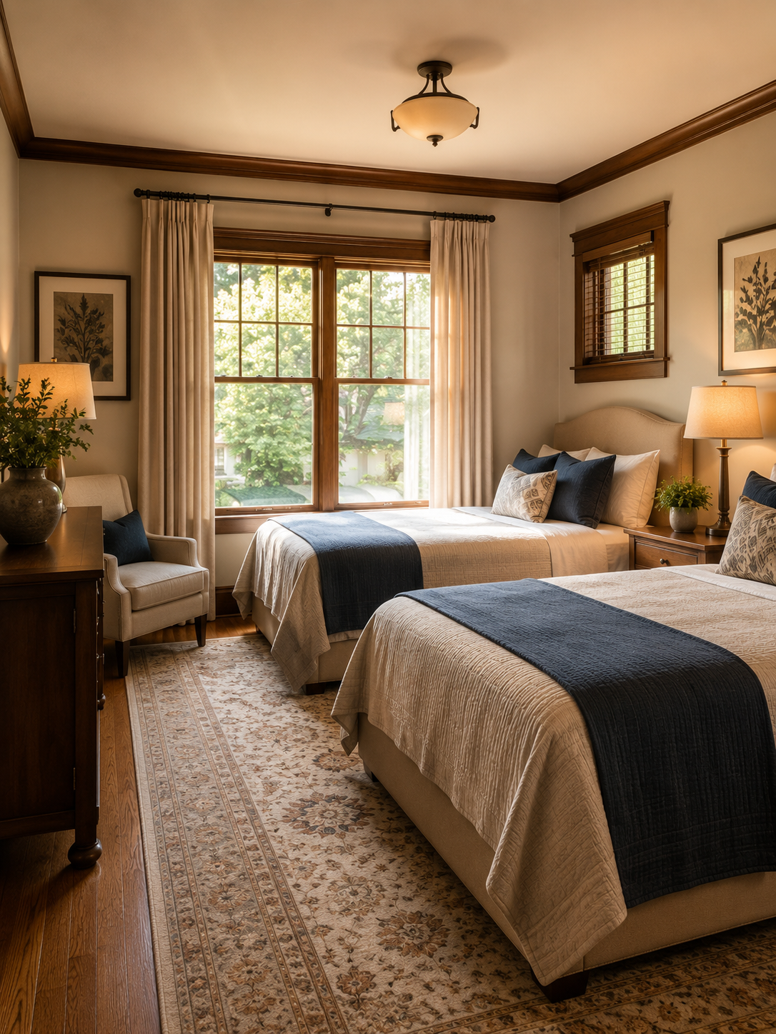 Two neatly made beds in a cozy bedroom with hardwood floors, patterned area rug, windows with curtains, and framed artwork on the walls.