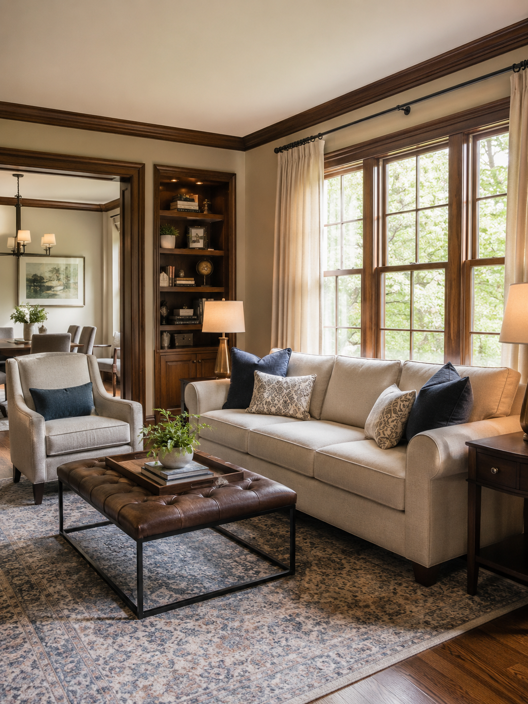 Living room with beige sofa, armchair, wooden coffee table with plant, large windows with curtains, and a bookshelf