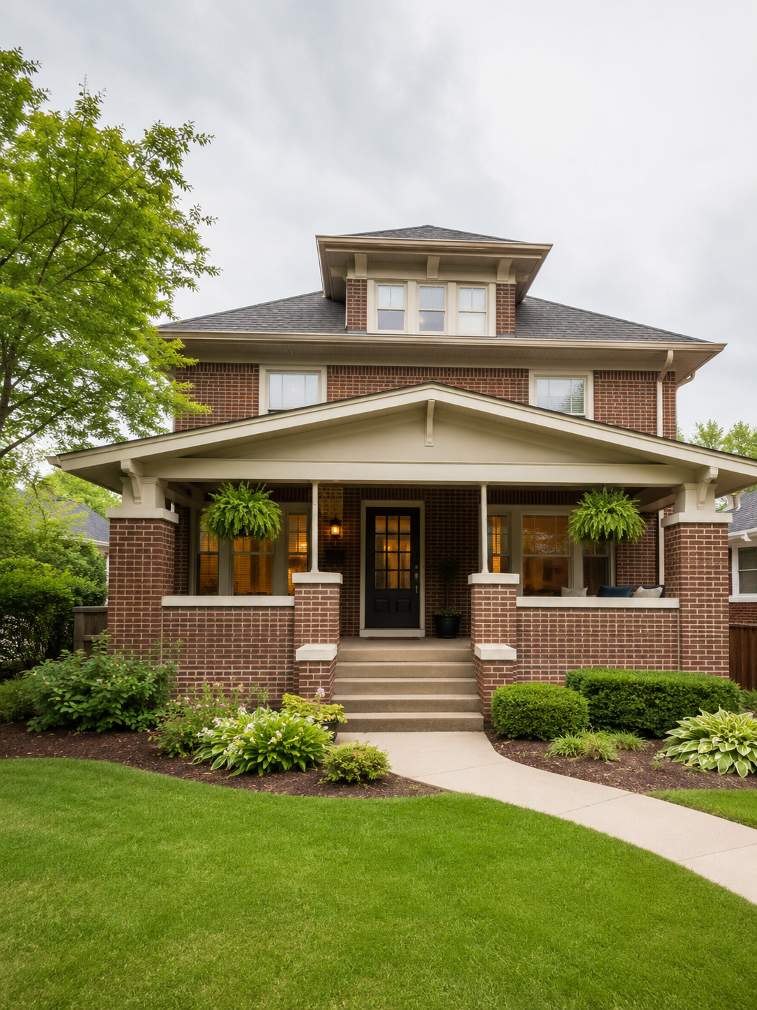 A two-story brick house with a porch, black front door, steps, and lush green lawn and plants.