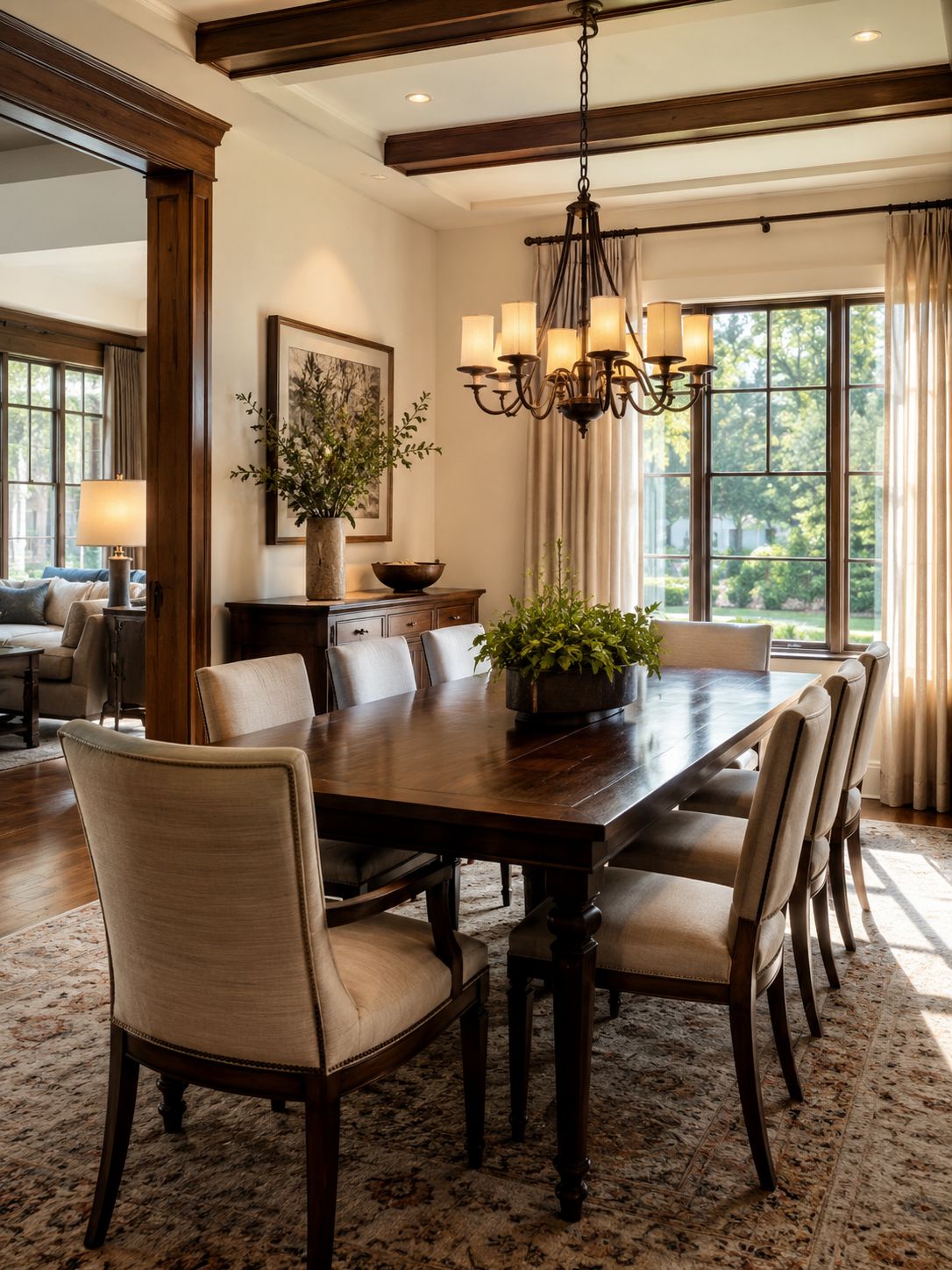 A dining room with a wooden table and eight upholstered chairs, a chandelier hanging from the ceiling, a sideboard with a large floral arrangement, and a window with curtains revealing a lush outdoor view.
