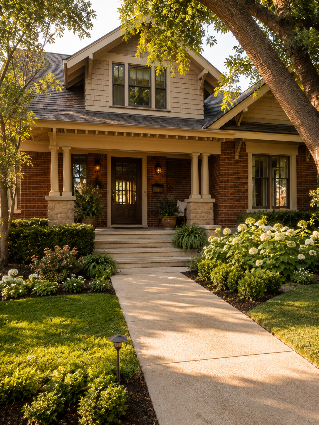 Front view of a house with a brick exterior, gabled roof, and front porch with columns, surrounded by a well-maintained garden and sidewalk.
