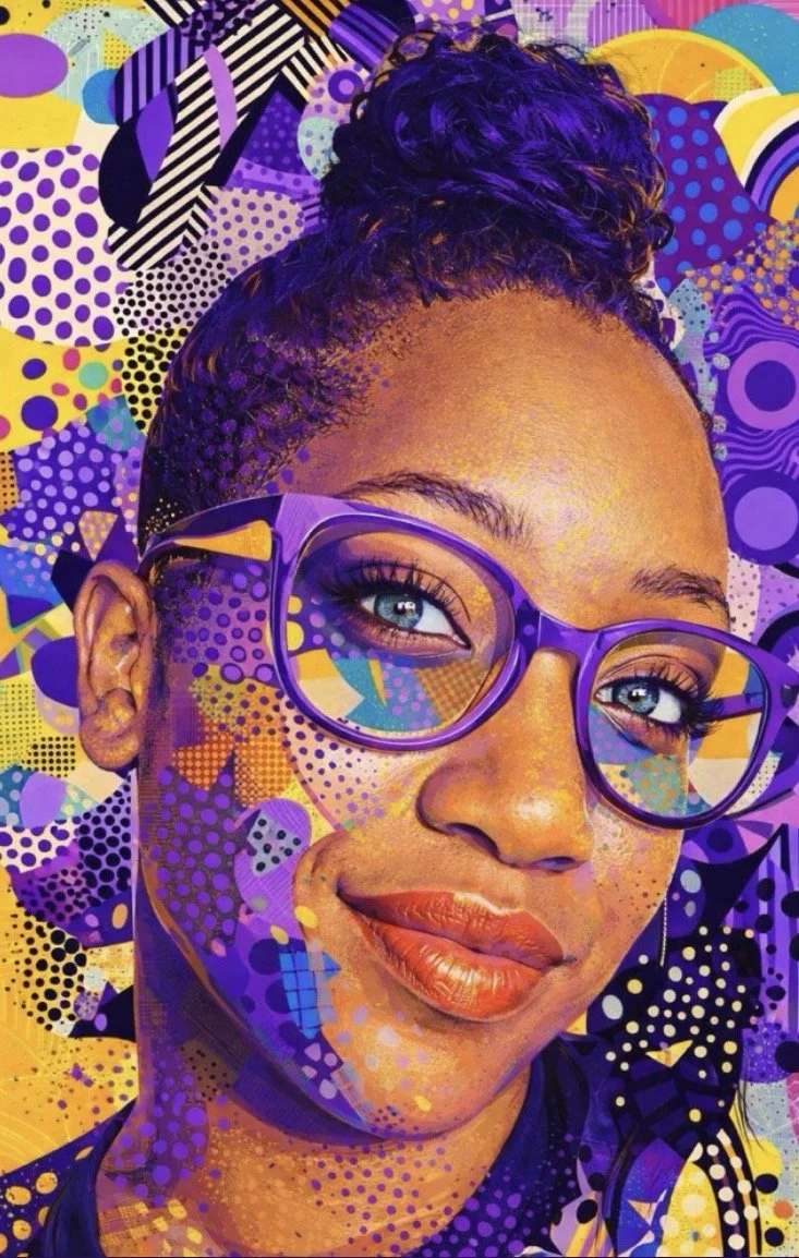 Colorful digital artwork of a woman with glasses, surrounded by vibrant, abstract patterns in purple, yellow, and blue.