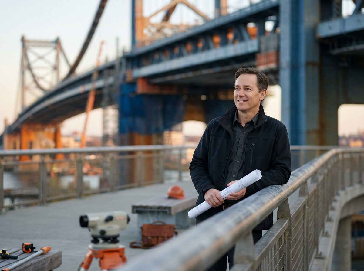 A man in a black jacket holding rolled-up blueprints on a bridge under construction, with a large steel bridge structure in the background at sunset.