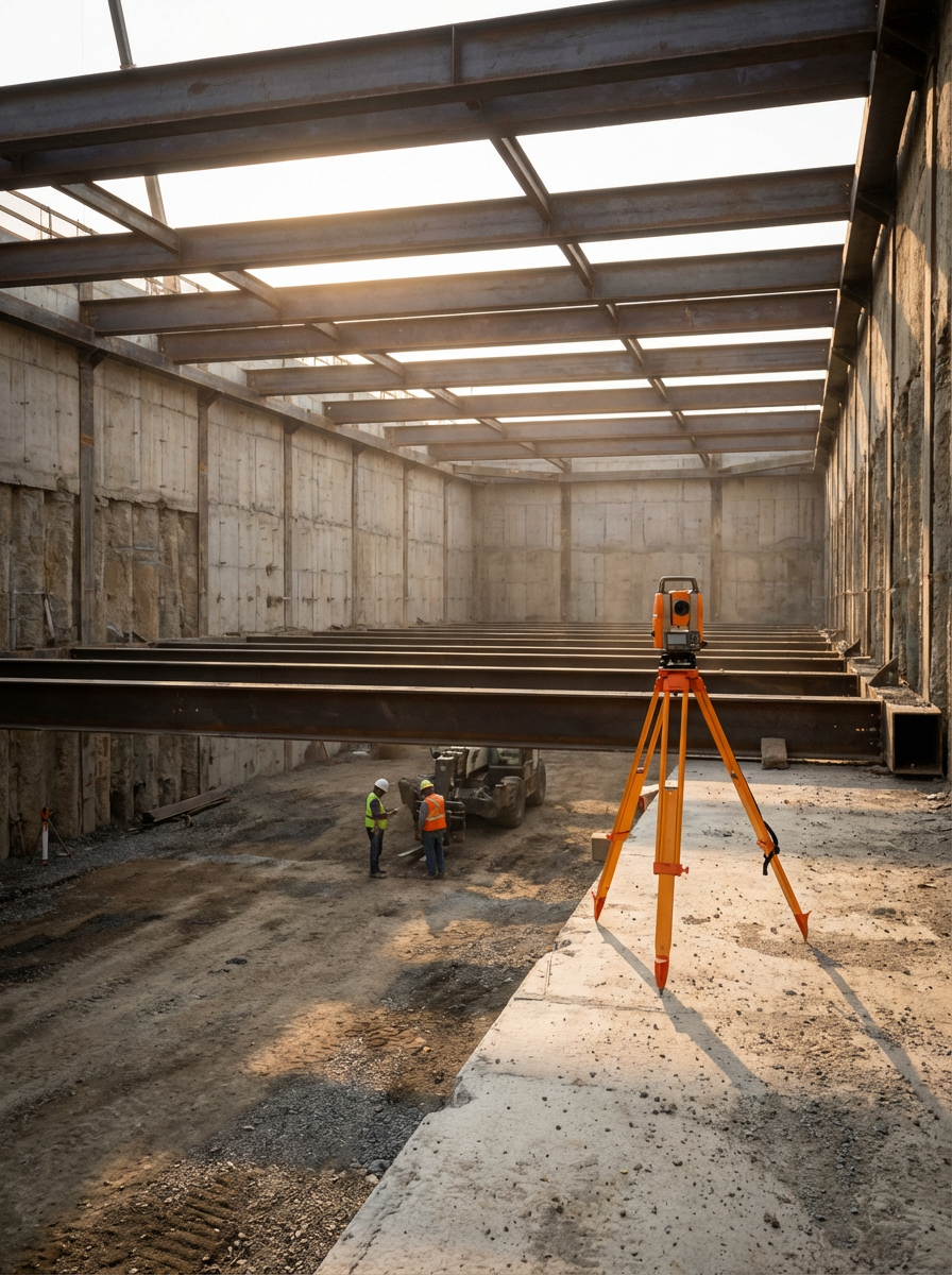 Construction site interior with steel beams, concrete walls, and workers in safety vests and helmets, with surveying equipment and heavy machinery.